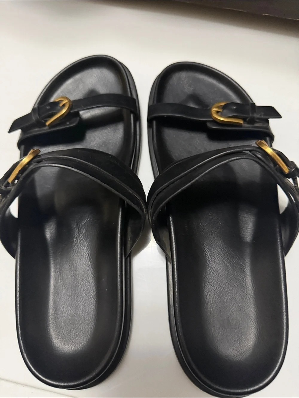 Zara Black Slide Sandals with Gold Buckles size 40